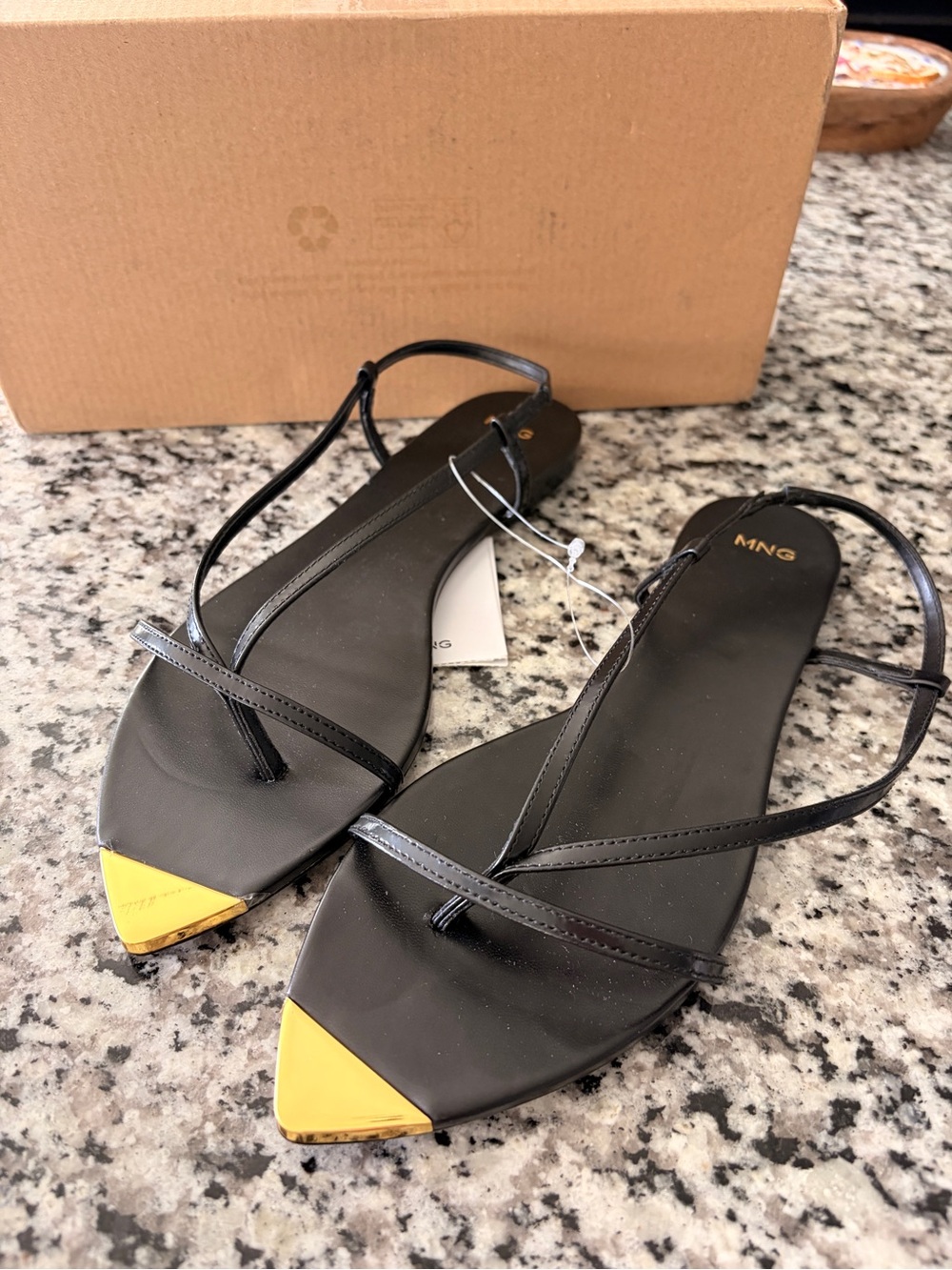 NWT Mango Women’s 7.5 Black Slingback Pointed Sandals with gold  Cap